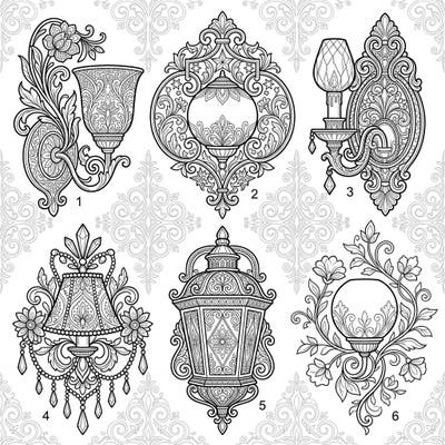 Explore a stunning collection of wall sconces, each a masterpiece of intricate design awaiting your artistic touch. These detailed illustrations feature elegant scrollwork, delicate patterns, and classic forms, perfect for a relaxing and rewarding coloring experience.