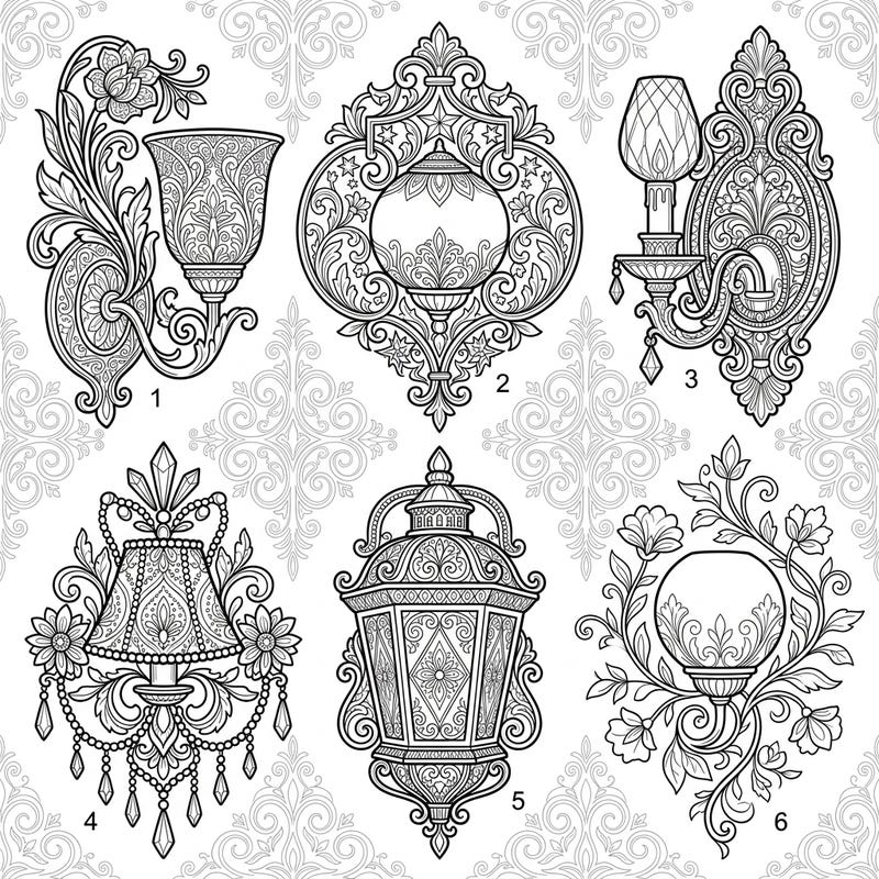 Explore a stunning collection of wall sconces, each a masterpiece of intricate design awaiting your artistic touch. These detailed illustrations feature elegant scrollwork, delicate patterns, and classic forms, perfect for a relaxing and rewarding coloring experience.