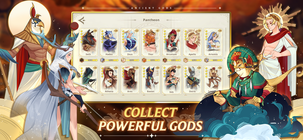 Ancient Gods: Deckbuilding RPG - Ancient Gods game screenshot displaying a collection of mythological characters in the Pantheon menu
