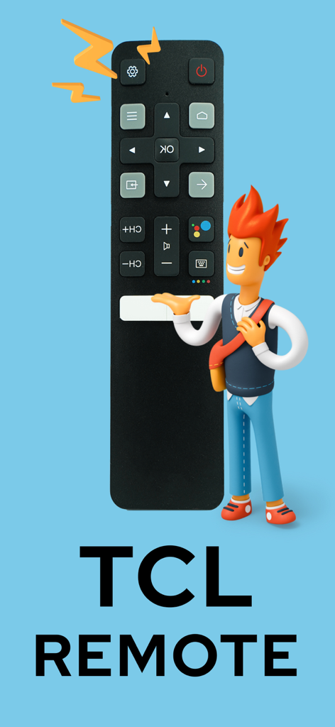 Personnage 3D debout à côté d'une interface de télécommande numérique pour téléviseur TCL