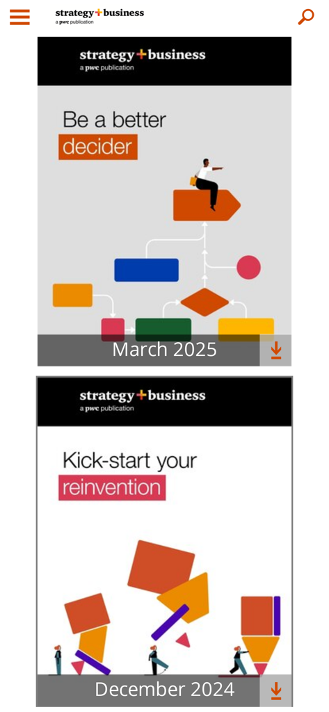 strategy+business magazine - Digital magazine issue covers for strategy plus business by PwC including topics like decision making and reinvention