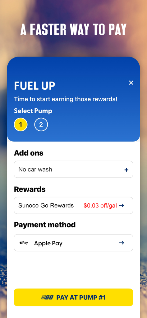 Sunoco app fuel payment screen showing pump selection rewards discount and Apple Pay option