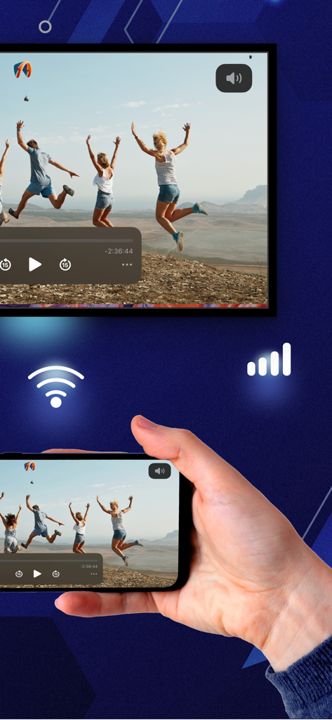 An iPhone screen mirroring a video of people jumping on a beach to a larger TV screen