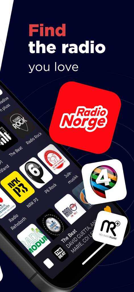 Radio Norway FM Live Online - Smartphone displaying a collection of Norwegian radio station logos including NRK P3 and Radio Norge