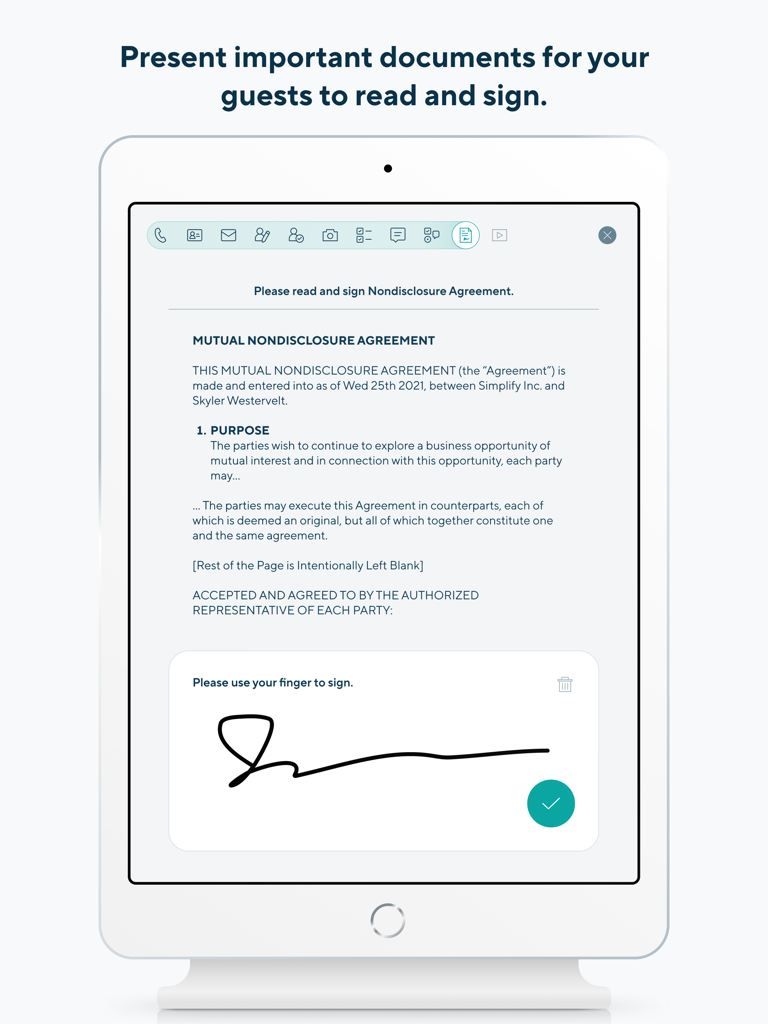 iPad screen showing a digital nondisclosure agreement with a signature box for visitor check-in