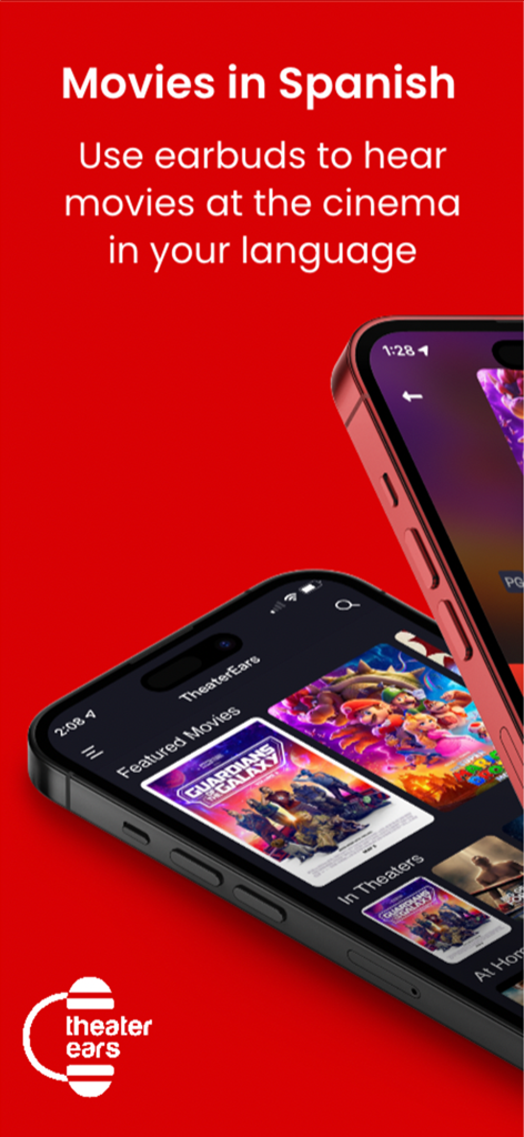 TheaterEars - TheaterEars app interface showing featured movies with Spanish audio options for the cinema