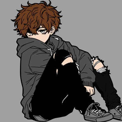 a male hoddie ripped jeans messy hair anime