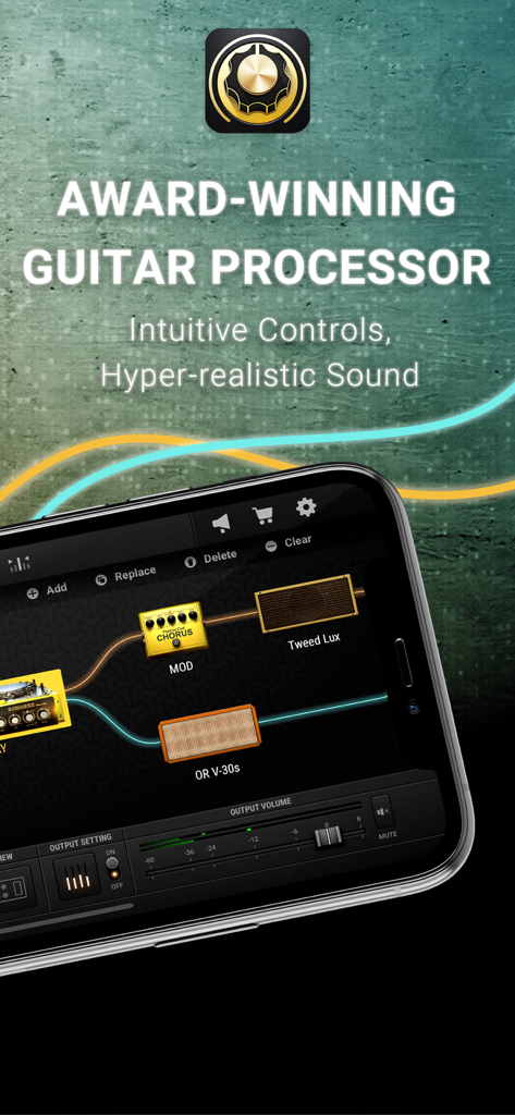 Un smartphone que muestra la interfaz del procesador de guitarra BIAS FX 2 con una ruta de señal dual que incluye pedales y amplificadores virtuales.