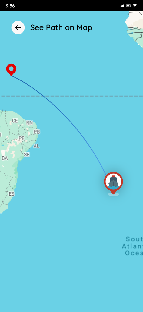 Une interface de carte montrant la trajectoire suivie et la position actuelle d'un navire dans l'océan.