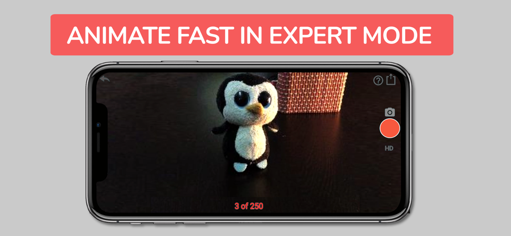 Stopmotion Animation Pro - Stopmotion Animation Pro app interface on iPhone showing Expert Mode used for filming a stuffed penguin