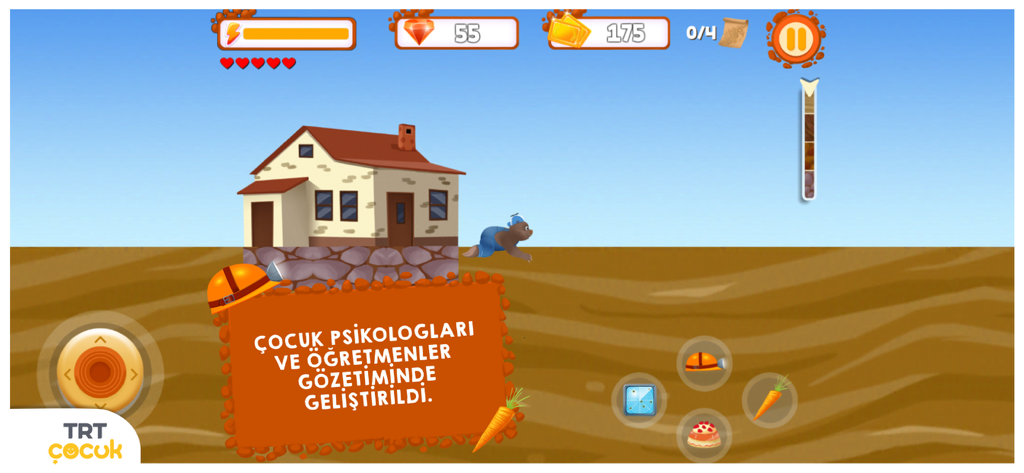 TRT Köstebekgiller - A screenshot of TRT Kostebekgiller showing a mole character in an underground adventure game with educational trust badges.