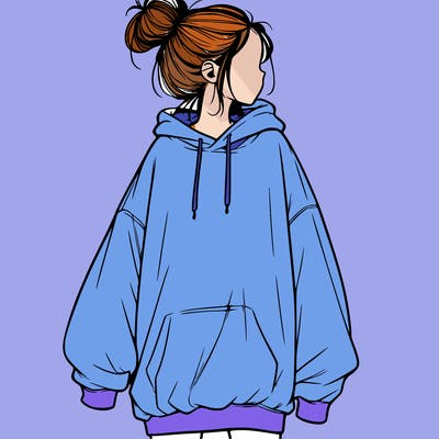 realistic girl with a oversized sweatshirt on and a bun