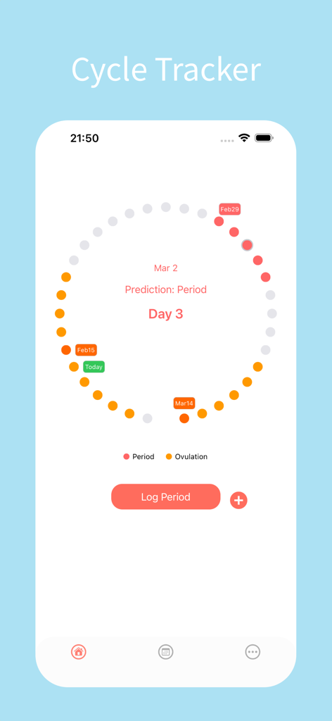 Period Tracker - Cycle Log App - Interfaz minimalista de rastreador de ciclos que muestra un gráfico circular del ciclo menstrual con predicciones de períodos y un botón de registro