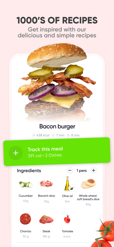 Tela do aplicativo Nutri Coach mostrando uma receita de hambúrguer com bacon com informações de calorias e ingredientes