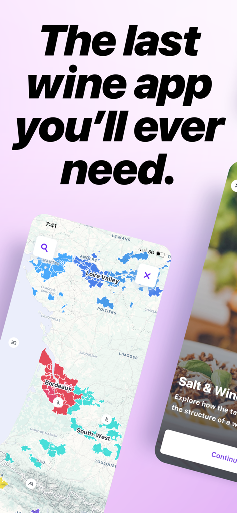 True Wine - A smartphone showing an interactive map of French wine regions like Bordeaux and Loire Valley in the True Wine app