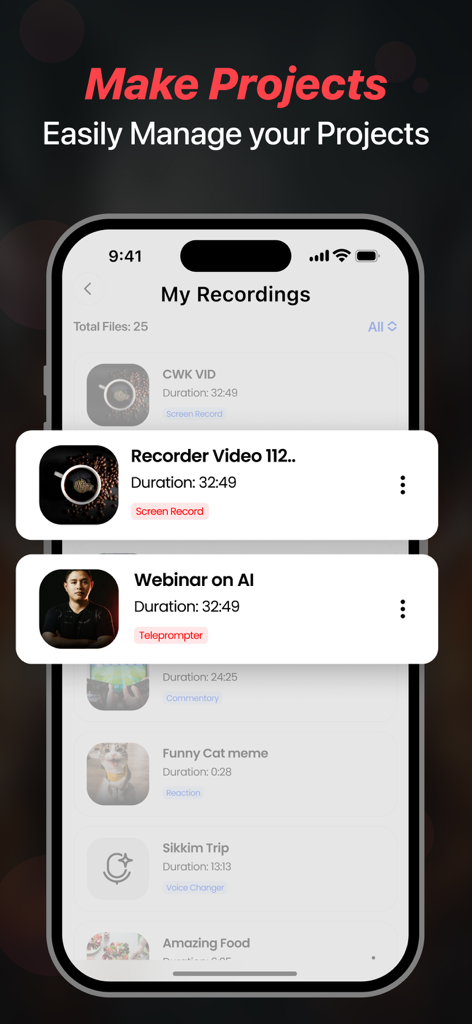 Interfaz de la aplicación Grabadora de Pantalla que muestra una lista de grabaciones de video guardadas y proyectos gestionados en la aplicación