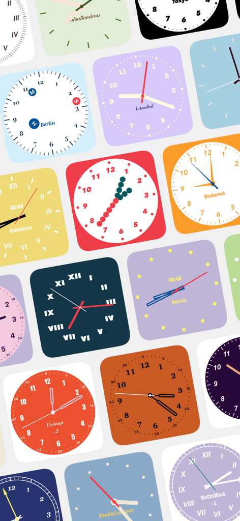 Une collection colorée de widgets d'horloge analogique personnalisés pour iPhone montrant différents styles et fuseaux horaires.
