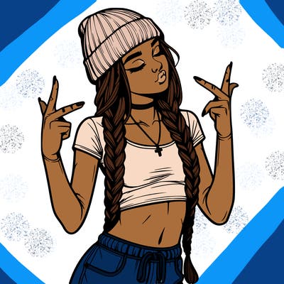 realistic teenage girl with braids and a beanie and crop top doing 🫶🏼