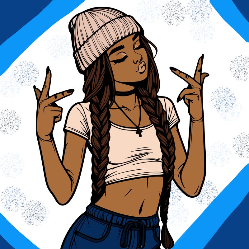 realistic teenage girl with braids and a beanie and crop top doing 🫶🏼