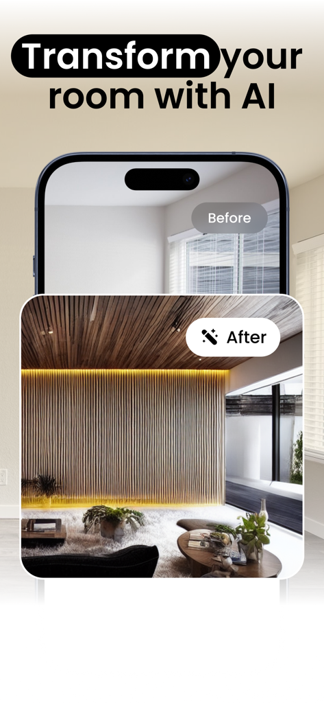 Interior design by Home AI - Home AIアプリを使用した、無地の部屋がモダンなリビングスペースに変わる、部屋のビフォーアフターの変身