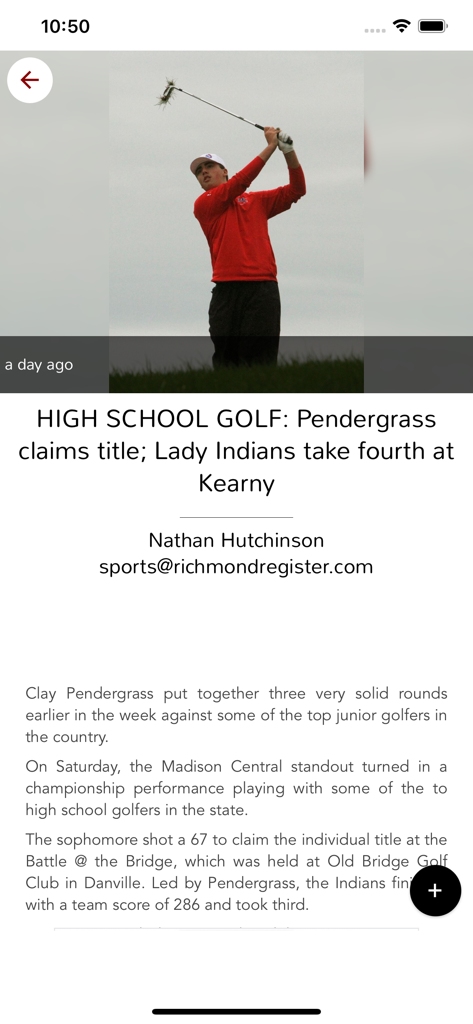 Richmond Register - A high school golf news article with a photo of a golfer on the Richmond Register app.