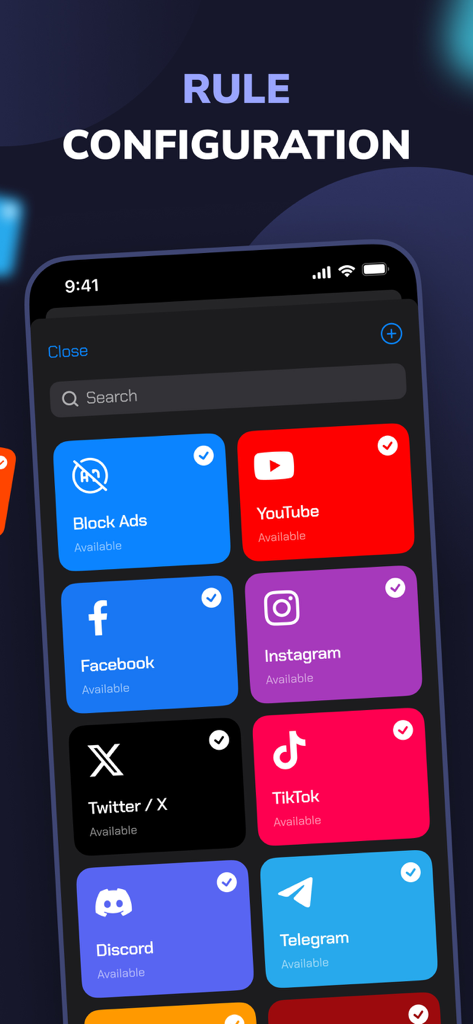 V2App: VPN Blockchain + VLESS - Pantalla de configuración de reglas de V2App que muestra controles de servicio y dominio para aplicaciones populares de redes sociales y bloqueo de anuncios