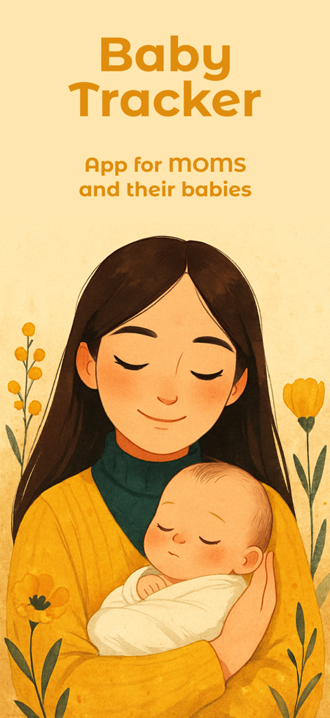 Baby Tracker - Newborn Diary - Illustration of a mother holding her sleeping newborn baby for the Baby Tracker app