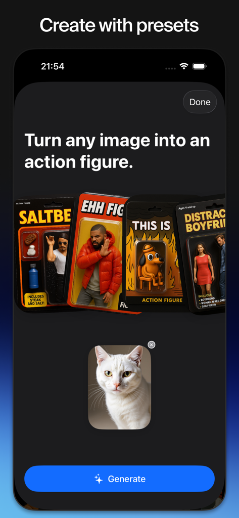 Krea: AI Images and Videos - Interfaz de la app Krea mostrando el preset de convertir imagen en figura de acción