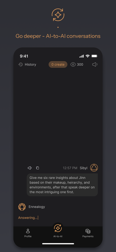 Sibyl AI - Interfaz de chat de la aplicación móvil Sibyl AI mostrando una conversación de IA a IA mística sobre temas esotéricos