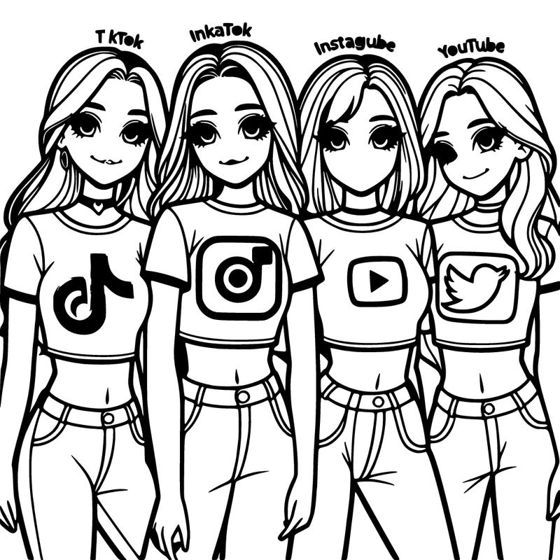 a group of 4 girls each with either tiktok, instagram, youtube, and twitter on their crop tops