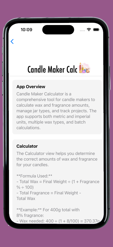 App overview and wax calculation formulas on an iPhone screen