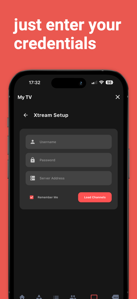 Écran de connexion de configuration Xtream pour l'application IPTV Télévision avec des champs pour le nom d'utilisateur, le mot de passe et le serveur