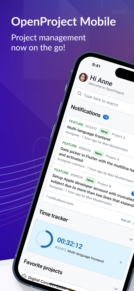 OpenProjectモバイルアプリのインターフェース。プロジェクト通知のリストとアクティブな時間トラッカーが表示されています。