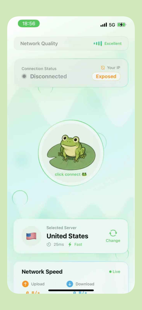 The VPN Cat 2026 mobile app dashboard featuring a frog mascot and network connection status