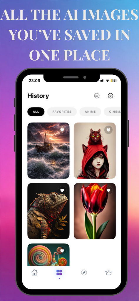 ArtAIアプリの履歴画面。保存されたAI生成画像のコレクションをグリッドレイアウトで表示。