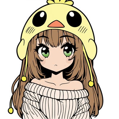 anime girl with chick shaped hat with sweater with bare shoulders with bangs covering them one eye with low tail