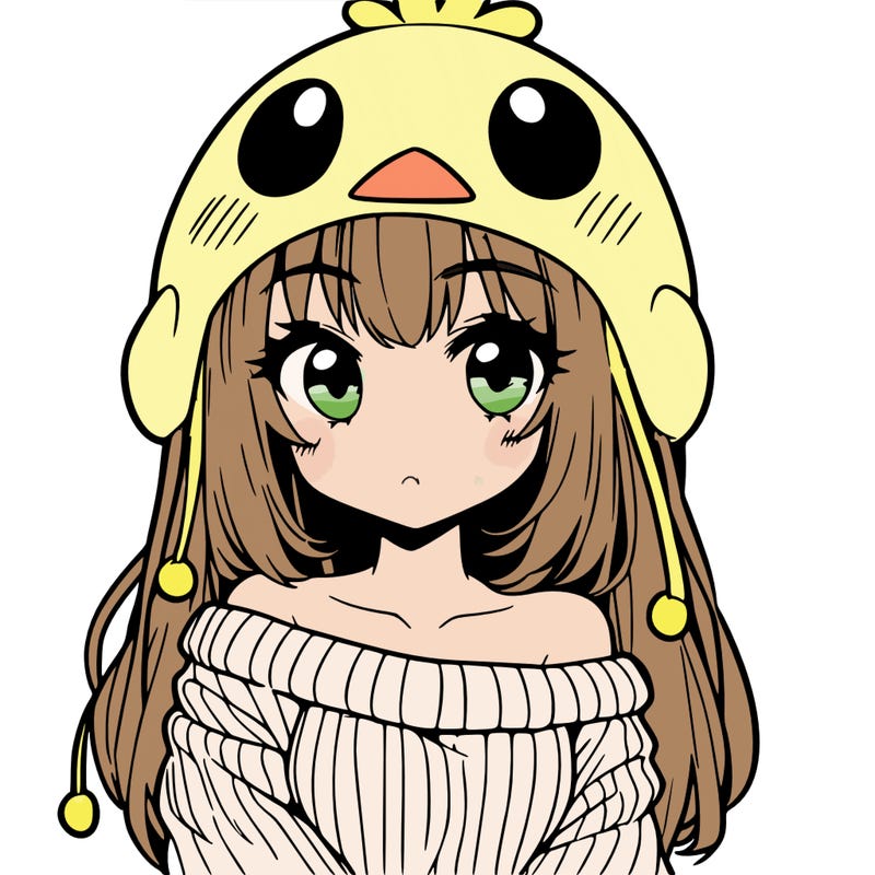 anime girl with chick shaped hat with sweater with bare shoulders with bangs covering them one eye with low tail