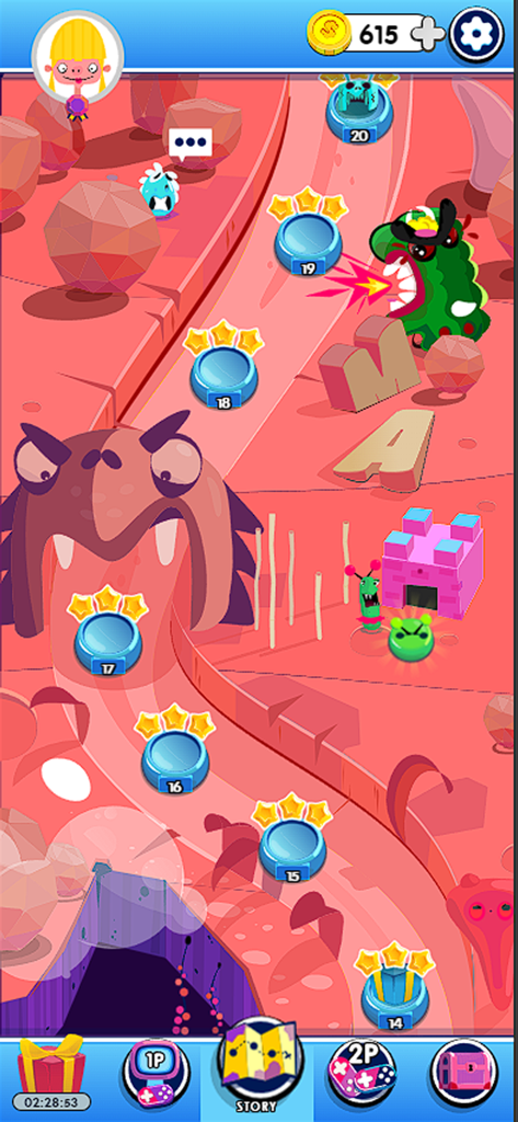 Worder: Elite 2026 Word Game - Una mappa colorata della modalità storia in Worder Elite 2026 con livelli numerati, stelle e simpatici personaggi mostruosi.