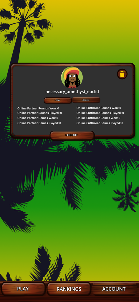 Jamaican Style Dominos Online - Account profile screen for Jamaican Style Dominos Online with player statistics and avatar.