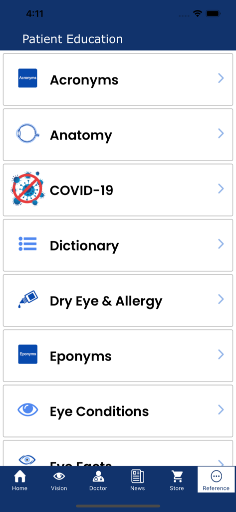 Eye Patient - Pantalla de referencia de educación para el paciente de la aplicación Paciente Ocular mostrando una lista de categorías de referencia que incluyen anatomía y condiciones oculares.