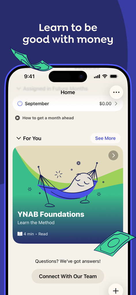 YNAB app home screen displaying educational content and the YNAB Foundations module