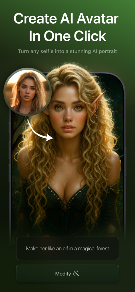 Image Generator - Photix - A woman's selfie transformed into a fantasy elf portrait using Photix AI avatar generator