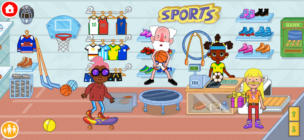 Diversos personagens explorando uma loja de esportes colorida com camisas e equipamentos esportivos no jogo de shopping Pepi Super Stores.