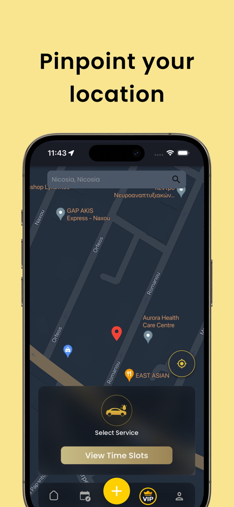 Interface de mapa no aplicativo SteamIt permitindo que os usuários localizem sua posição para uma lavagem de carro móvel