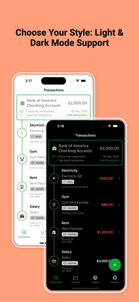Schermata delle transazioni dell'app Cashflow Forecast in modalità chiara e scura