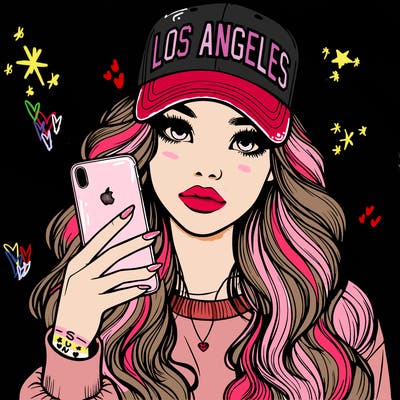 realistic beautiful girl wearing los ángeles cap holding an iphone