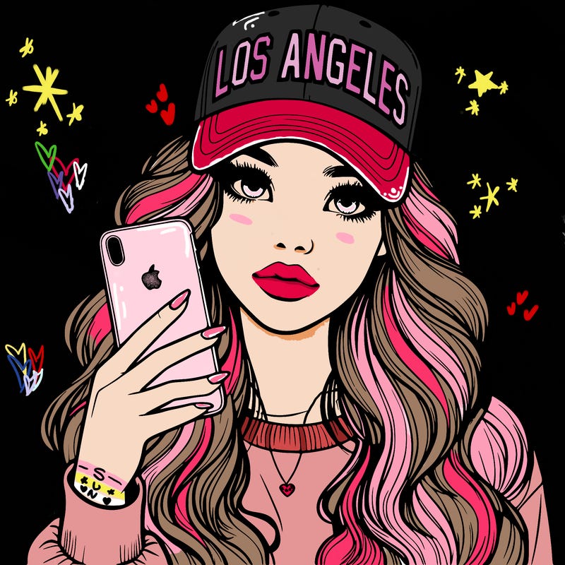 realistic beautiful girl wearing los ángeles cap holding an iphone