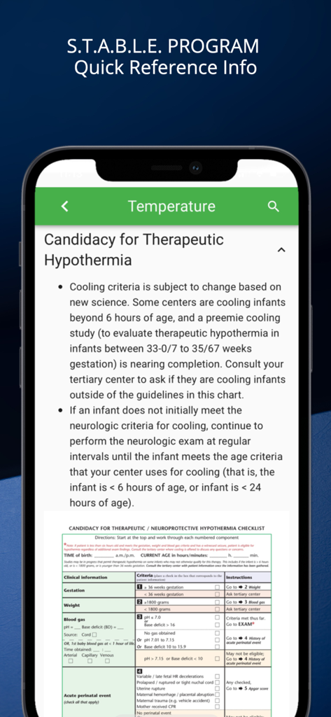 STABLEize - The STABLE Program - STABLEizeアプリのスクリーンショット、新生児ケアのための治療的低体温症候補チェックリストを表示