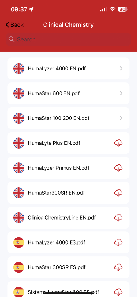 HUMAN.de - Mobile screen displaying a list of clinical chemistry PDF catalogs and brochures in English and Spanish