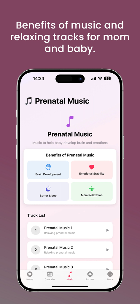 MaMaTrack: Mom's Journey - Interfaz de la aplicación MaMaTrack que muestra la sección de música prenatal con beneficios para el desarrollo del bebé y una lista de canciones para la relajación de la mamá.